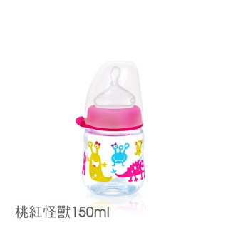 【NIP】德國製專利防脹順哺玻璃/PP奶瓶加贈母乳儲存蓋-拇指/圓型(M號奶嘴), 1個, PP拇指型 桃紅怪獸150ml-A款螺牙, 桃紅, 150ml