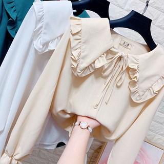 甜美蝴蝶結娃娃領長袖雪紡襯衫 春季喇叭袖垂感襯衣上衣