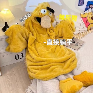 可愛可達鴨造型情侶睡衣，珊瑚絨連體睡袍，冬季保暖搞怪睡袋特價