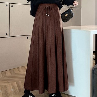 AOKADA 여성 플리츠 A라인 니트 롱 스커트 하이웨스트 가을 플레어 치마