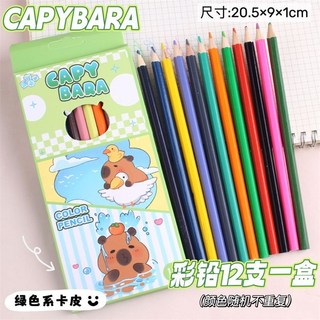 新品熱賣 12色盒裝 卡皮巴拉彩鉛 學生兒童美術繪畫 2B彩色鉛筆 卡通鉛筆 套裝, 粉色卡皮-12支一盒 顏色隨機不重復,2B, 1個
