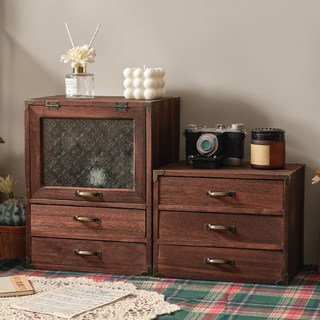 復古桌面收納櫃 化妝品零食雜物儲物置物櫃 多層實木櫃子, 極致自然復古（二抽）