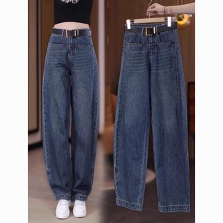 高腰復古刷色寬鬆闊腿牛仔褲附腰帶