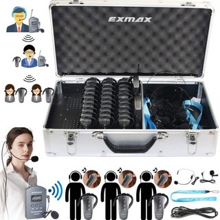 엑스맥스 EX-200E UHF 무선 음성 전송 투어 가이드 시스템 교회 통역 예배 번역기 키트 2개 송신기 30개 수신기 32슬롯 충전 케이스, EXMAX EX-200E UHF 음성 전송 무선 투어