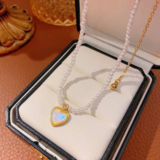 鴻利首飾廠 精緻輕奢炫彩月光石珍珠吊墜項鏈 女輕奢高級感鎖骨鏈網紅名媛頸鏈