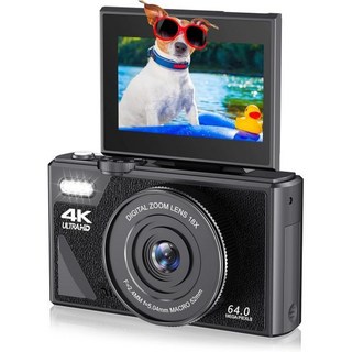 사진 촬영용 4K 디지털 카메라 유튜브용 64MP UHD 오토포커스 브이로그 180° 플립 스크린 3개 초보 청소년을 위한 18배 줌 컴팩트 여행용 웹캠, Black, 1개