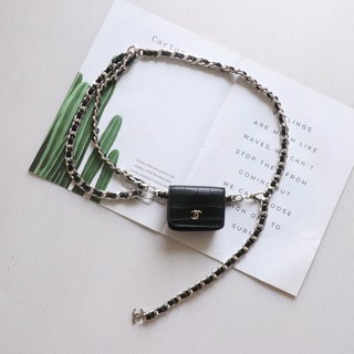 編織拼接皮革迷你裝飾腰包腰鏈斜挎胸包, 腰鏈配黑色小腰包