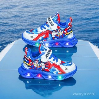 【臺灣-出貨】奧特曼帶燈男童運動鞋2025春秋新款中小童皮麵防水網麵透氣跑步鞋