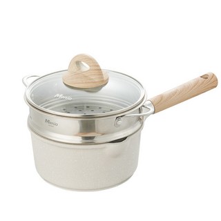 Menio麥飯石不沾輔食鍋，一鍋多用木柄單柄湯鍋，適用多種爐具, 18CM奶鍋有蓋子無蒸籠【電磁爐/燃氣通用】, 1個