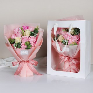 플로잉 장미 비누꽃+쇼핑백 15송이 꽃다발, Pink+쇼핑백, 1개
