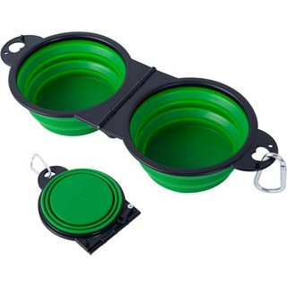 반려견 휴대용 그릇 강아지 물그릇 SLSON 접이식 개 듀얼 볼 강화 테두리 180도 뒤집기 잠금 클립으로 더블 볼보다 더 안정적인 여행용 애완동물 사료 급수기(파란색), Green, 1개