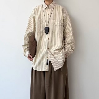 復古條紋長袖襯衫 設計感小眾寬鬆落肩鹽系襯衣 男女款韓風薄款防曬上衣