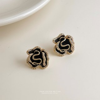 【復古耳飾耳釘】輕奢高級感微鑲鋯石立體山茶花耳釘小香風氣質黑金花朵赫本風耳飾