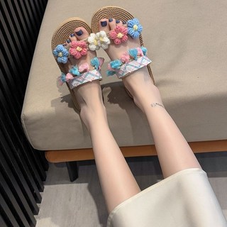 草編花朵涼拖鞋 夏季新款平底外穿沙灘拖鞋, 藍粉白 偏小一碼,41