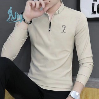 立領長袖T恤男 修身翻領POLO衫 秋季休閒百搭上衣, 8001白色,M, 8001白色