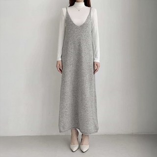 퀸럽 뷔스티에 간절기 데일리 롱니트원피스 여행 끈나시 울혼방 가을 브이넥 데이트룩