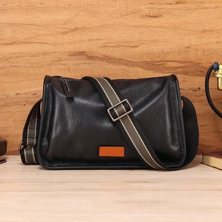 牛皮斜背包 側背包 韓國郵差包 大容量黑色真皮包包 男生禮物, 平紋植鞣皮黑色