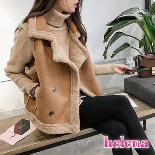 【Helena】翻領羊羔毛背心 無袖麂皮絨仿皮革西裝領 韓版寬鬆顯瘦休閒百搭開衫毛衣馬甲【A2110】