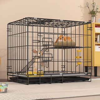 兔子籠子家用摺疊室內養兔易清糞戶外攜帶便捷垂耳兔加密兔籠貓籠, 1個, 黑色85雙層大號【帶平臺爬梯】:籠子+托盤