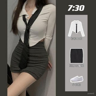 套裝純慾風Polo領不規則襯衫女夏高腰包臀半身裙辣妹收腰修身上衣