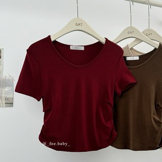 【Fee現貨13色】正韓側抓皺短上衣，螺紋棉圓領合身棉T，短版U領顯瘦韓國女裝