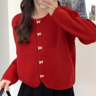 Paperments 女款蝴蝶結鈕扣圓領長袖針織開襟衫 23017