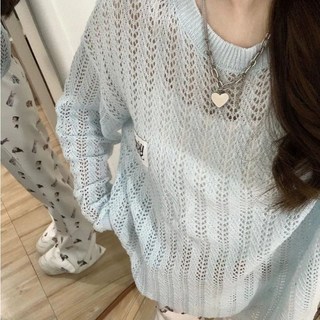 夢欲 鏤空罩衫 慵懶風 針織衫 夏季薄款 長袖防曬上衣 純欲風, 藍色【博主自留穿搭款】,S【建議40-45公斤】