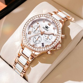 OLEVS 여성손목시계 정품쿼츠 럭셔리 명품 워터프루프 야광 다기능 큐빅 패션 메탈