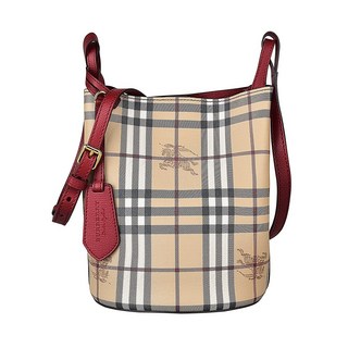 BURBERRY Haymarket 戰馬印花LOGO格紋聚胺酯拼牛皮磁吸式斜背水桶包 (展示品/米格紋x紅), 米格紋x紅
