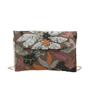 新中式草編花朵包包女2025新款百搭鏈條單肩斜挎信封包, 棕色