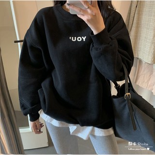 梨卡 女裝 長袖大學T 糖果色字母印花 刷毛加絨寬鬆上衣 冬天衣服