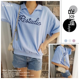 검회백스타일 여성용 국내제작 로맨틱 카라반팔 브이넥 자수 레터링 포인트 루즈핏 티셔츠 늘어짐없는 탄탄한 면소재 체형커버 활용도높은 사계절 꾸안꾸룩