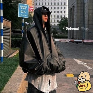 OPB 皮外套 連帽外套 下束口 廓形外套 帽繩 韓系穿搭 慵懶 大帽子