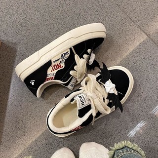 原創小衆帆布鞋 女款2025春季新款厚底百搭學生休閒板鞋, 黑色-含天使翅膀,35 標準碼