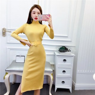 Mao실제 가격 가을과 겨울 양고기 양털 민소매 조끼 허리 슬리밍 벨트 슬릿 니트 드레스