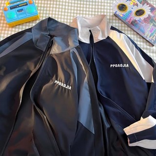 男女款拼色長袖棒球領夾克