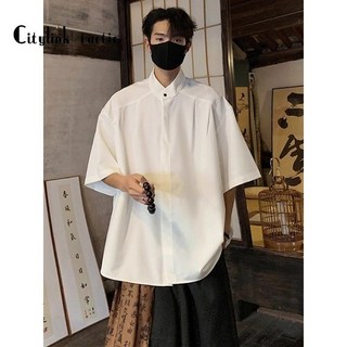 高級感新中式純色立領短袖襯衫男夏季寬鬆休閒襯衣