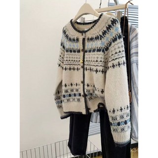 復古提花圓領針織開衫，單排扣寬鬆毛衣外套