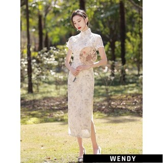 長旗袍系列 2024新款雙層金絲雪紡年輕旗袍禮服 改良旗袍洋裝 少女夏季氣質名媛優雅高級感 宴會禮服, 1個