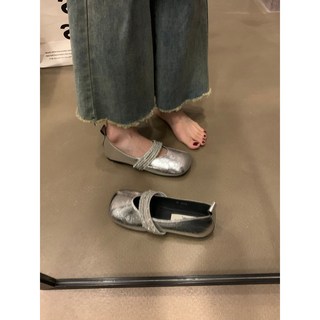 [ 免運]瑪莉珍鞋 娃娃鞋 小方頭 軟皮淺口奶奶鞋 水鑽帶芭蕾風瑪麗珍鞋春秋方頭淺口百搭平底法式溫柔單鞋, 銀色,35