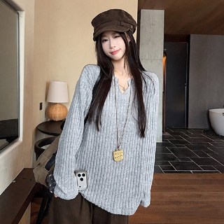 SAHINER 여성용 골지 긴팔 티셔츠 봄 루즈핏 상의 ATX39