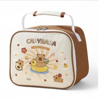 CAPYBARA 卡皮巴拉 可愛水豚君造型便攜快餐杯 雙層真空隔熱 大容量分層 附餐具, 1個, 餐袋一個(大/小號適用)