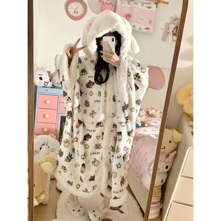 蠟筆小新連帽睡袍珊瑚絨睡衣女秋冬季新款加絨加厚保暖家居服外穿