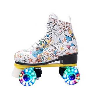 인라인스케이트 2열 롤러 스케이트화 남녀 화이트 반짝반짝 롤러스케이트 초보자, T07-39 * 흰색 그래피티 반짝이 휠 * 1개, 1개
