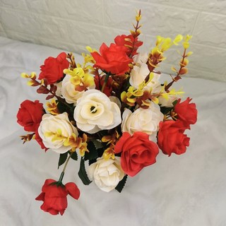 仿真花雙色玫瑰花12朵花頭牆面裝飾客廳餐桌擺設絹布婚慶新娘手捧玫瑰花人造花束假花束套裝, 紅色2束不帶花瓶, 1個