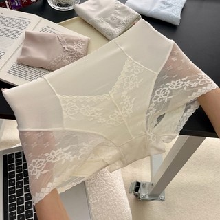 好評優選143093高腰內褲女士提臀束腹褲無痕性感蕾絲薄款透氣蠶絲三角褲, 黑色,L（40-65kg）