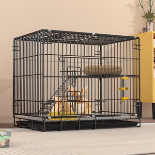 兔子籠子家用摺疊室內養兔易清糞戶外攜帶便捷垂耳兔加密兔籠貓籠, 1個, 黑色70雙層2.0加密【帶平臺爬梯】:籠子+托盤