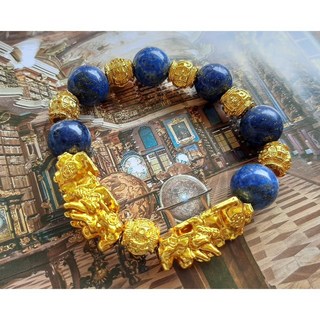 靛藍青金石 老種帶金《招財黃金貔貅》女生手珠 男生手鍊