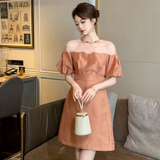 【重工鑲鑽】連衣裙 生日裙 禮服裙 晚宴裙 派對裙 泡泡袖 A字裙 收腰顯瘦 夏季新款 2026流行 氣質名媛, 鎏金色