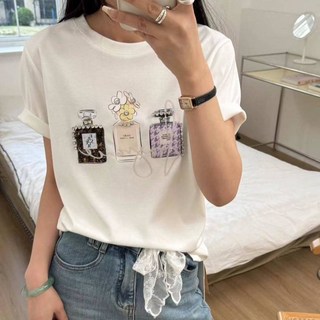 雪莉小姐 韓家 重工釘鑽 三香水瓶圖棉衫 短袖T 黑 白